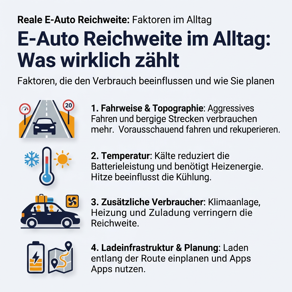 Infografik zur realistischen Einschätzung der E-Auto Reichweite im Alltag, mit Einflussfaktoren wie Fahrweise, Temperatur, zusätzlichen Verbrauchern und Planung der Ladeinfrastruktur.