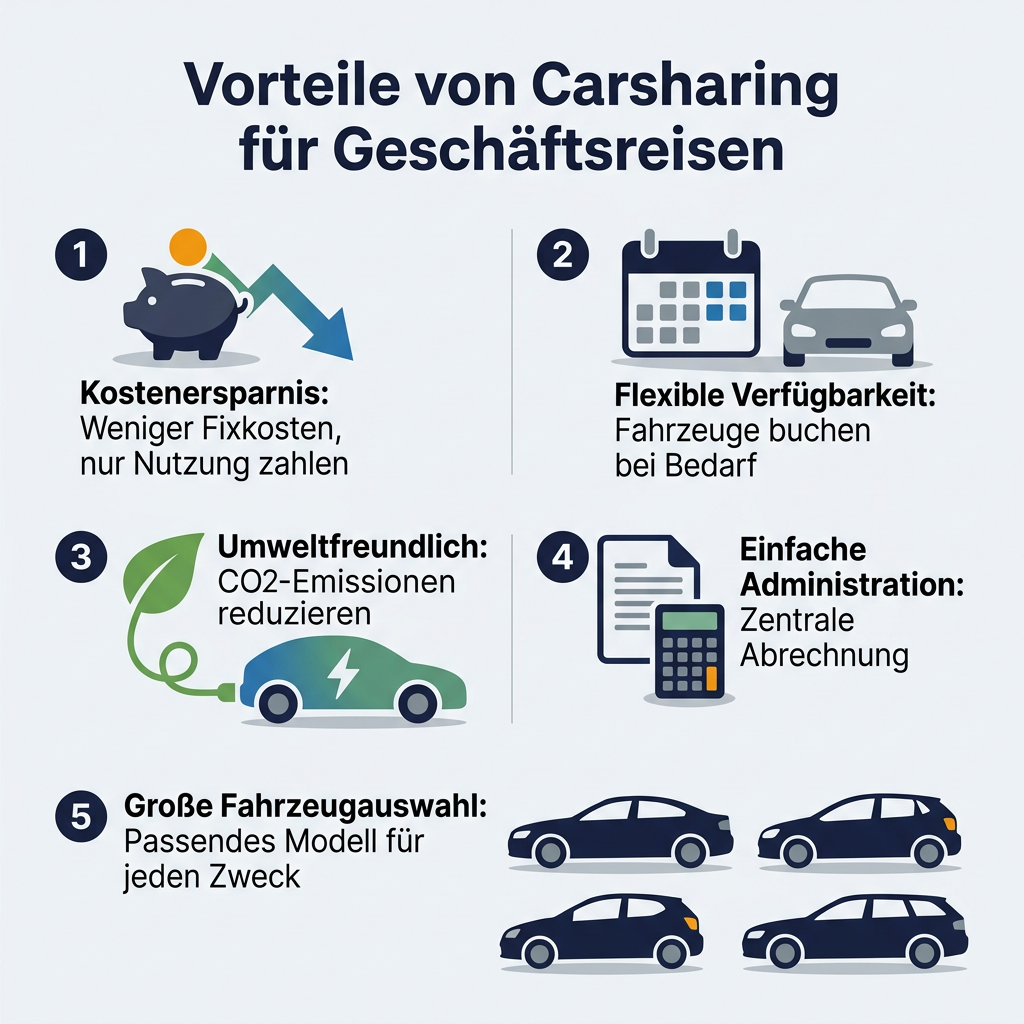 Infografik über die Vorteile von Carsharing für Geschäftsreisen, einschließlich Kostenersparnis, Flexibilität, Umweltfreundlichkeit und einfacher Administration.