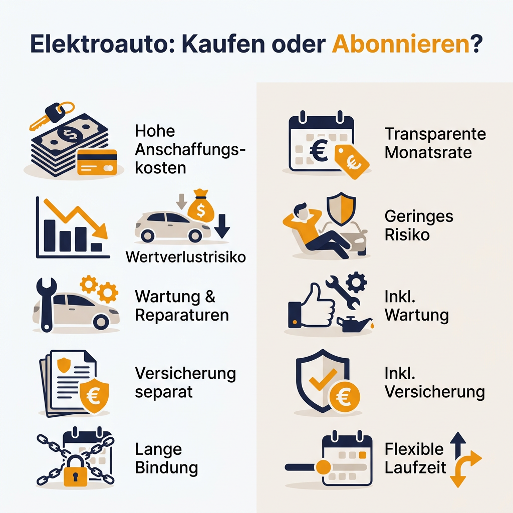 Infografik: Elektroauto – Kaufen oder Abonnieren? Infografik zum Vergleich von Kauf und Abo eines Elektroautos, beleuchtet Kosten, Flexibilität und Risiken der Elektromobilität.