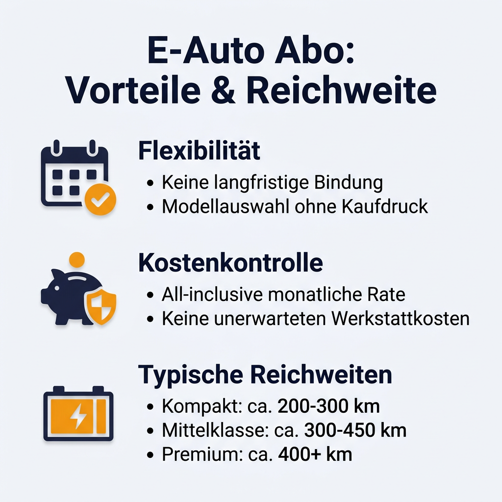Infografik: Vorteile und typische Reichweiten von Elektroautos im Abo, mit Angaben zu Reichweiten von Kompakt-, Mittelklasse- und Premium-E-Modellen.