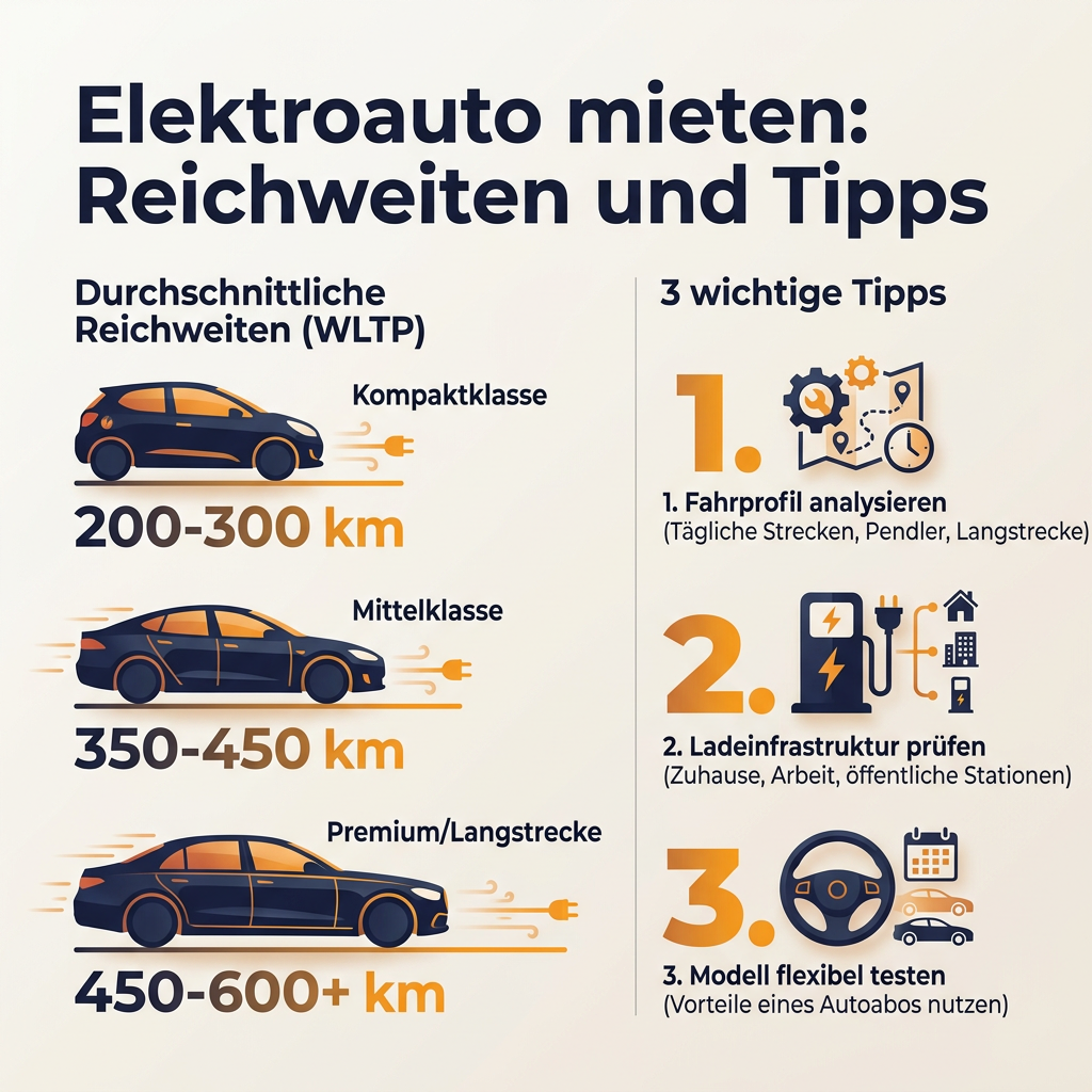 Infografik über die durchschnittlichen Reichweiten von Elektroautos bei Auto-Abos und drei wichtige Tipps zur Auswahl des passenden E-Autos.