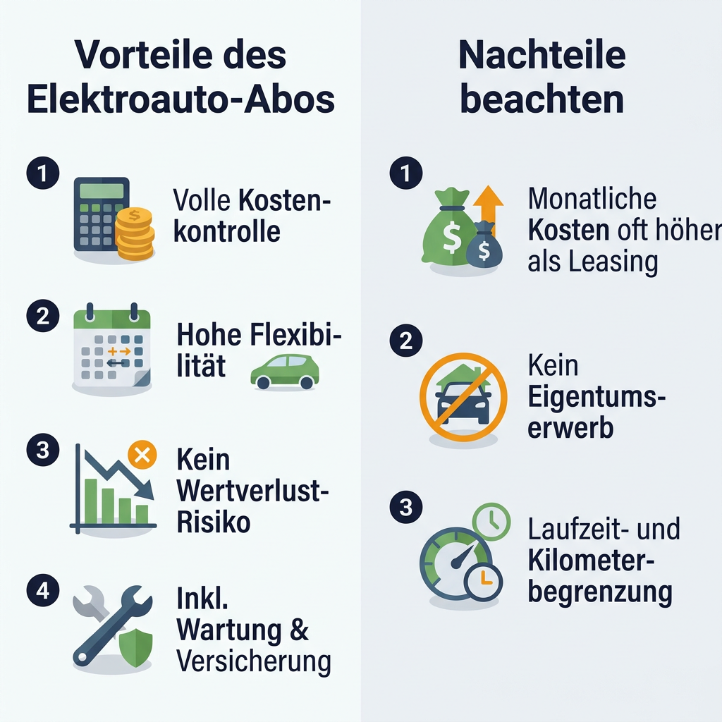 Infografik zu den Vor- und Nachteilen eines Elektroauto-Abos, detaillierte Aufschlüsselung der Kosten, Flexibilität und Risikominimierung beim Umstieg auf Elektromobilität.