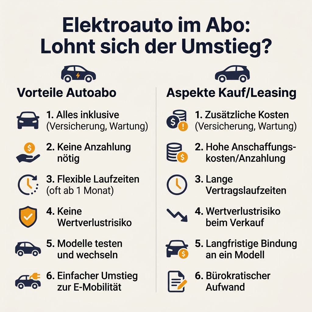 Infografik zum Vergleich der Vorteile eines Elektroauto im Abo gegenüber Kauf oder Leasing, mit Punkten wie All-Inclusive-Leistungen, Flexibilität und fehlendem Wertverlust.