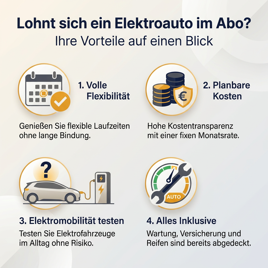 Infografik: Die Vorteile eines Elektroauto-Abos auf einen Blick, inklusive Flexibilität, planbare Kosten, und die Möglichkeit Elektromobilität zu testen.
