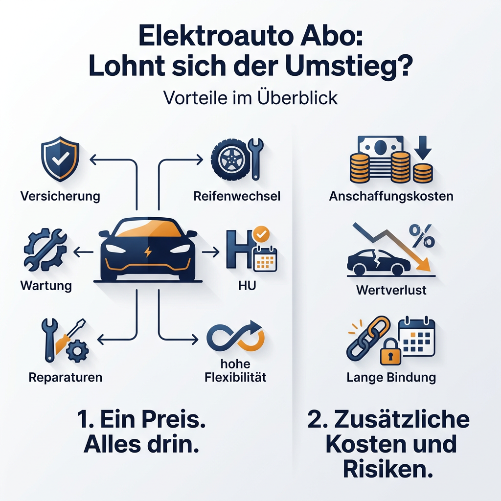 Infografik: Vergleich Elektroauto Abo, Kauf und Leasing, mit Vorteilen wie Flexibilität, Versicherung, Wartung inklusive und Kostenübersicht für Elektromobilität.