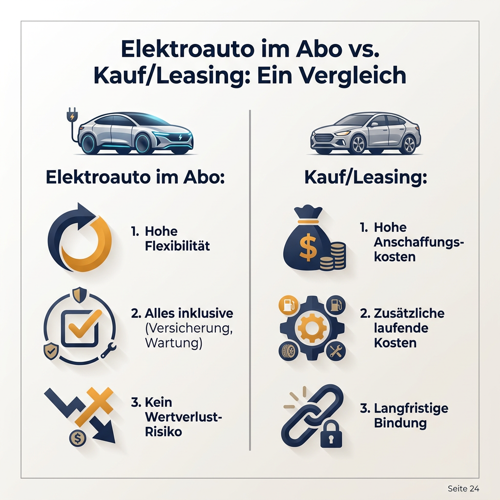 Infografik Vergleich: Elektroauto im Abo versus Kauf oder Leasing. Zeigt Vorteile wie Flexibilität und All-inclusive beim Abo, Nachteile wie hohe Anschaffungskosten und Bindung beim Kauf/Leasing von E-Autos.