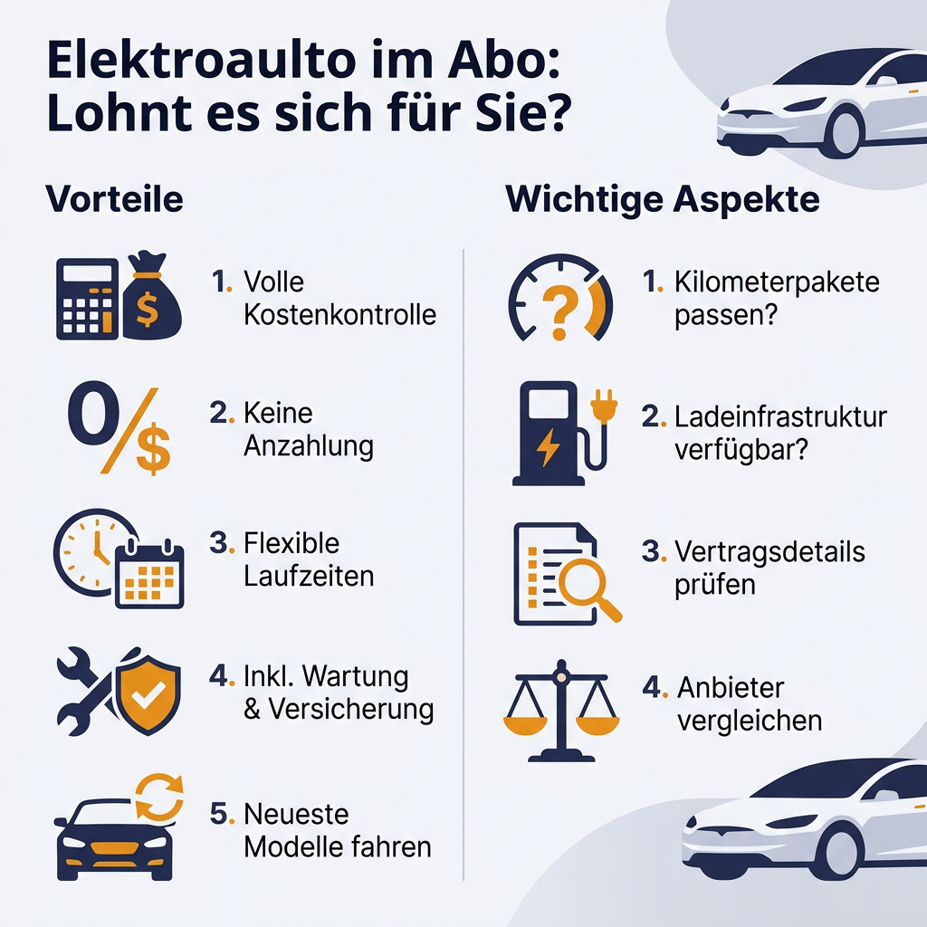 Infografik: Vorteile und Überlegungen zum Elektroauto Abo, inklusive Kostenkontrolle, Flexibilität, Wartung und Prüfung der Ladeinfrastruktur.