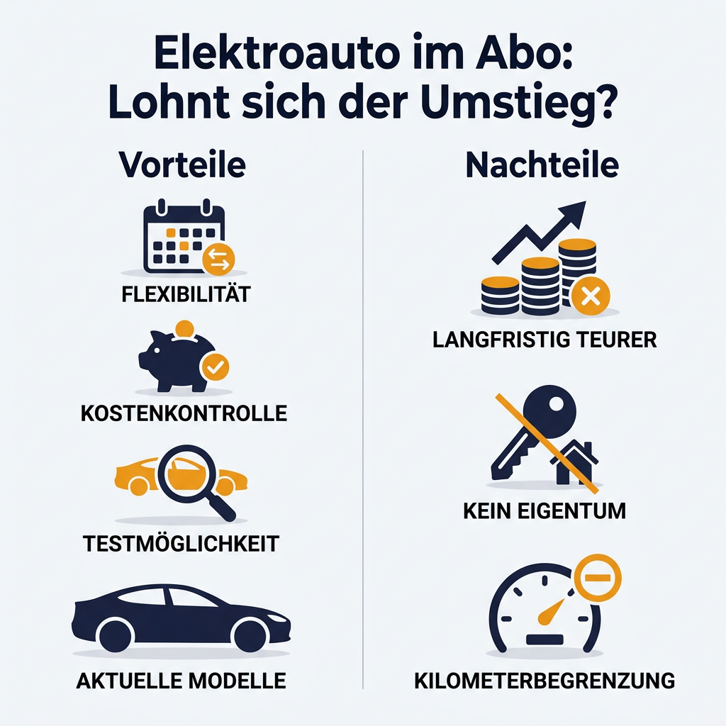 Infografik: Vor- und Nachteile eines Elektroauto im Abo für die flexible Elektromobilität und Kostenkontrolle.
