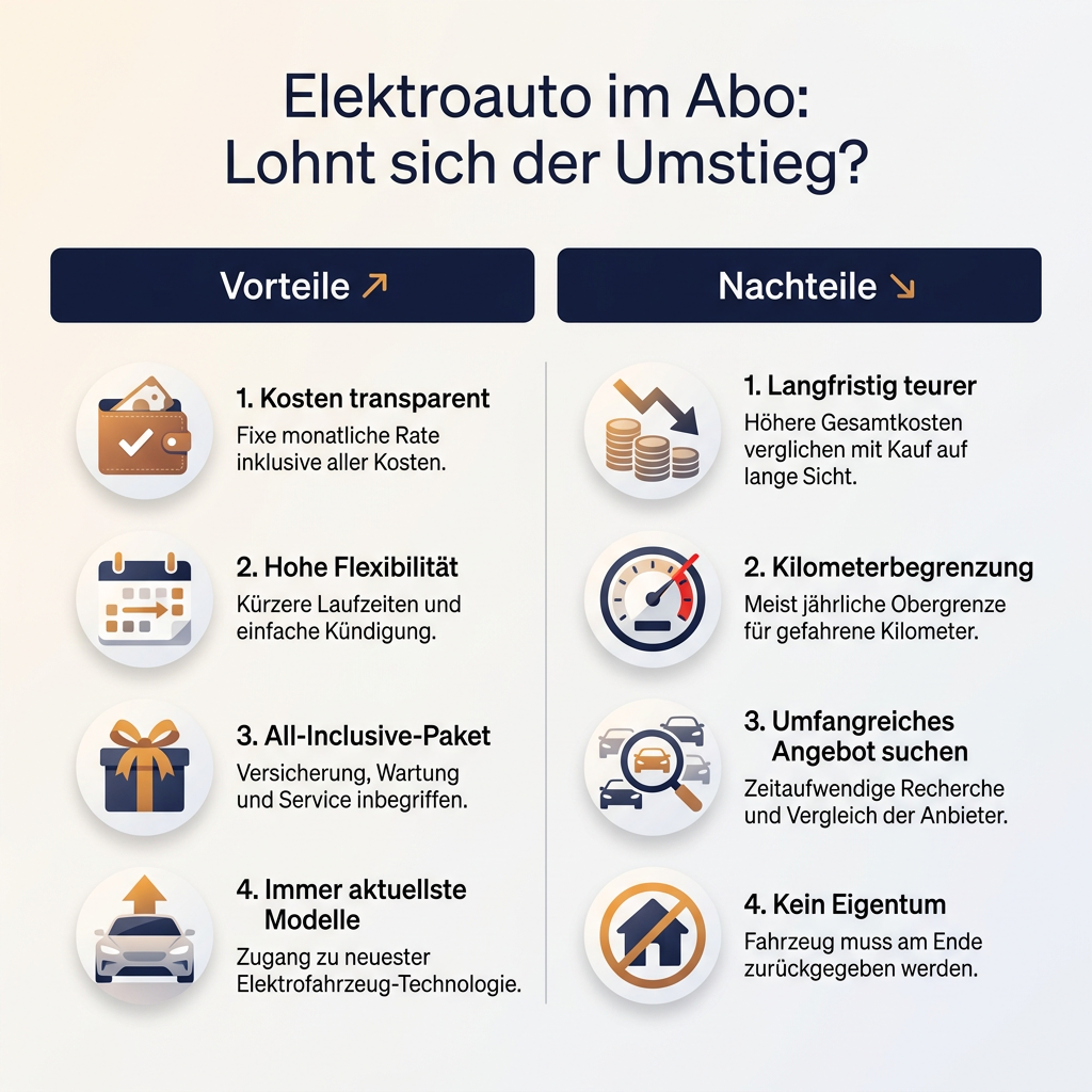 Infografik: Vorteile und Nachteile eines Elektroauto im Abo mit Stichpunkten zu Kosten, Flexibilität, Leistungen, Modellen, Preis, Kilometerbegrenzung und Eigentum.