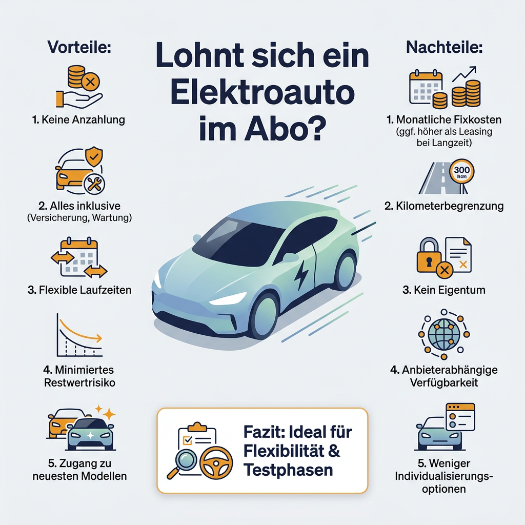 Infografik: Vor- und Nachteile eines Elektroauto Abos im Vergleich zu Kauf oder Leasing.
