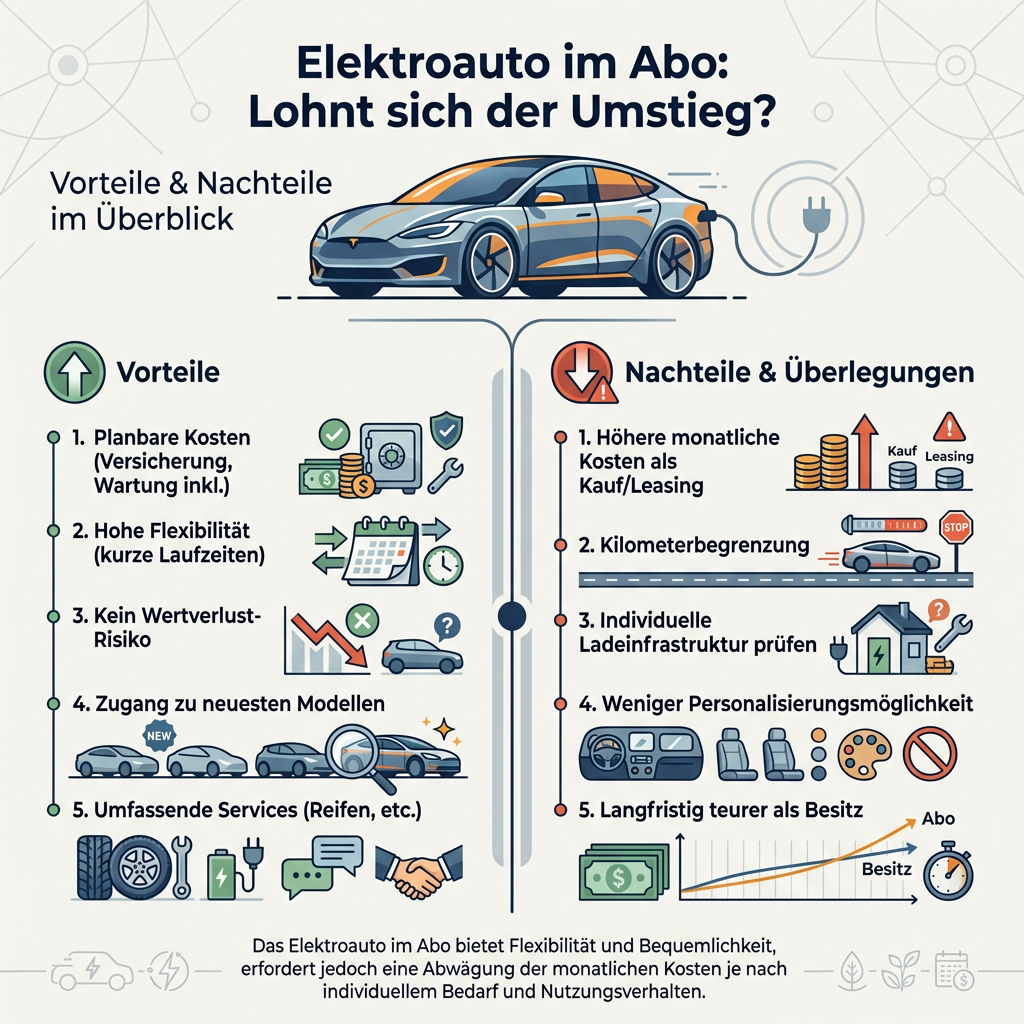 Infografik: Vorteile und Nachteile des Elektroauto im Abo mit Punkten zu Kosten, Flexibilität, Ladeinfrastruktur und Wertverlust-Risiko.