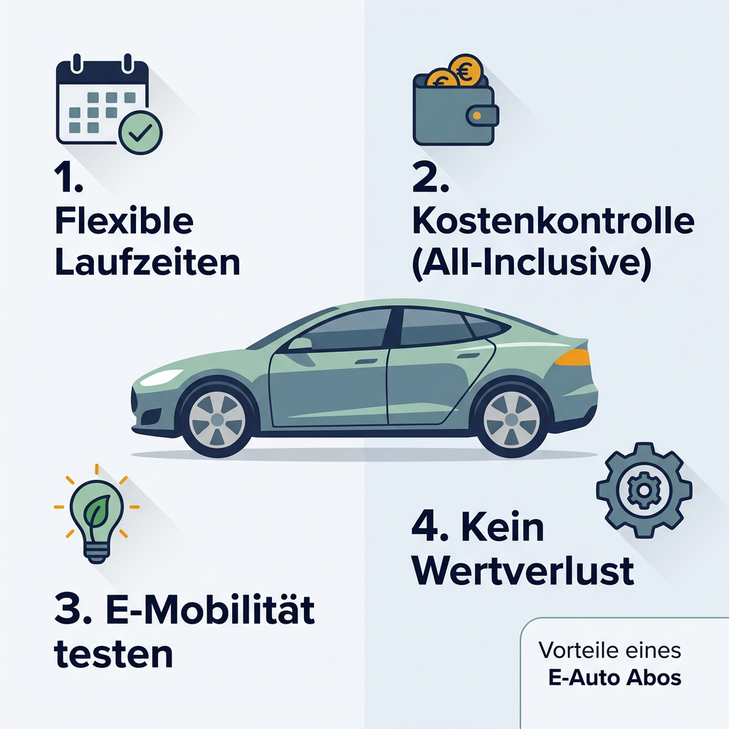 Infografik: Vorteile und Merkmale eines Elektroauto Abos, inklusive flexibler Laufzeiten, Kostenkontrolle, Möglichkeit zum Testen der E-Mobilität und keinem Wertverlust.