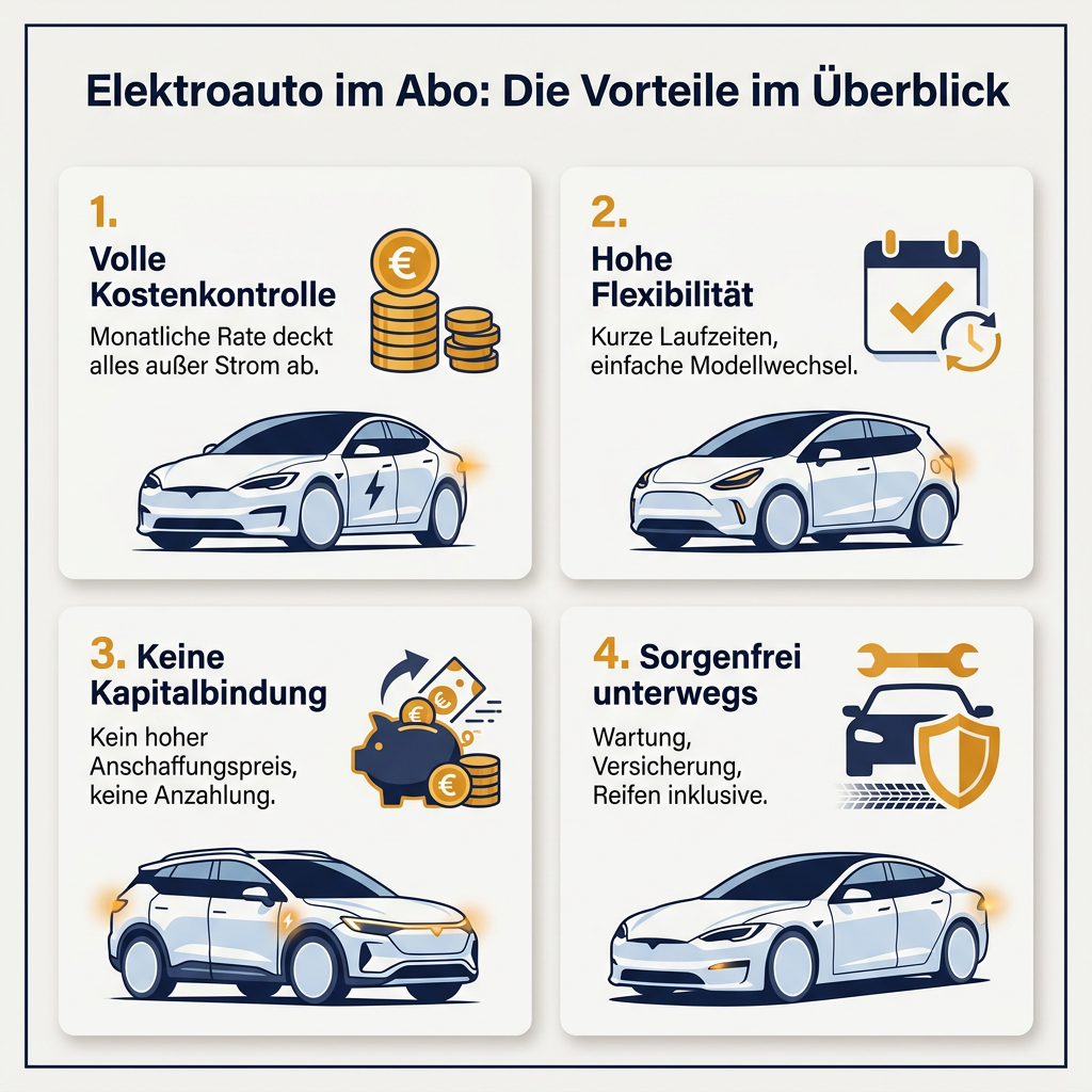 Vorteile eines Elektroauto-Abos im Überblick Infografik: Vorteile eines Elektroauto-Abos mit Kostenkontrolle, Flexibilität, keine Kapitalbindung und Rundum-sorglos-Paket