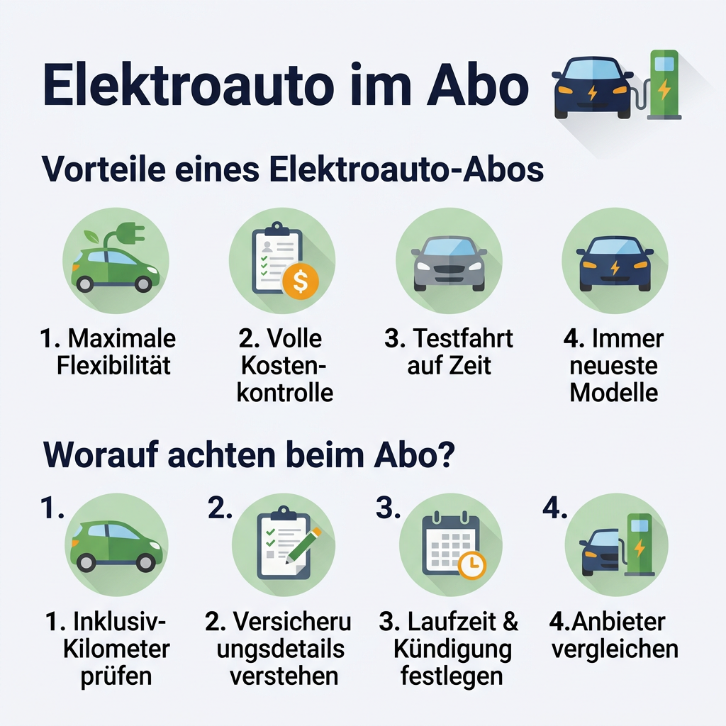 Infografik: Lohnt sich ein Elektroauto im Abo? Infografik: Vorteile und Aspekte des Elektroauto Abos für den Umstieg zur Elektromobilität, mit Stichpunkten zu Kostenkontrolle und Flexibilität.