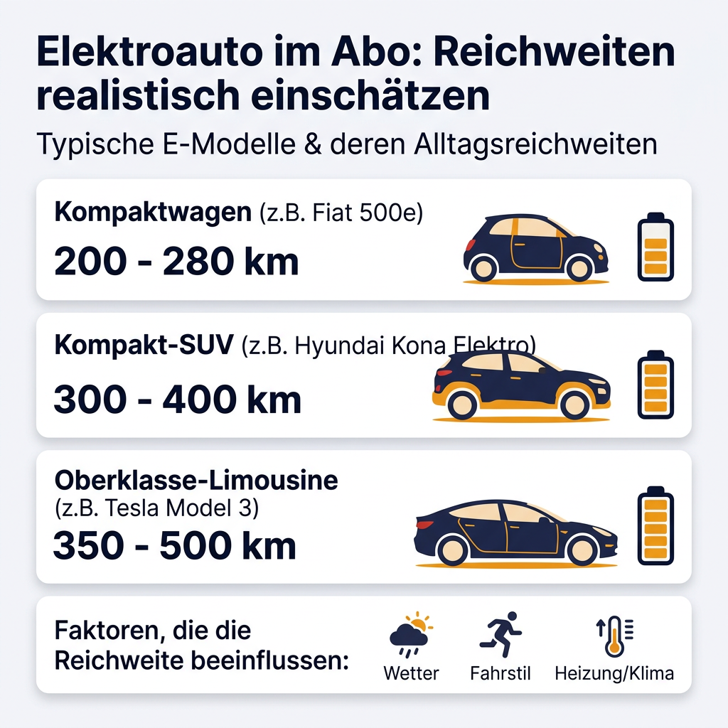 Elektroauto im Abo: Reichweiten realistisch einschätzen Infografik: Realistische Reichweiten verschiedener Elektroauto-Typen im Autoabo, mit Faktoren wie Wetter und Fahrstil, die die Reichweite beeinflussen.