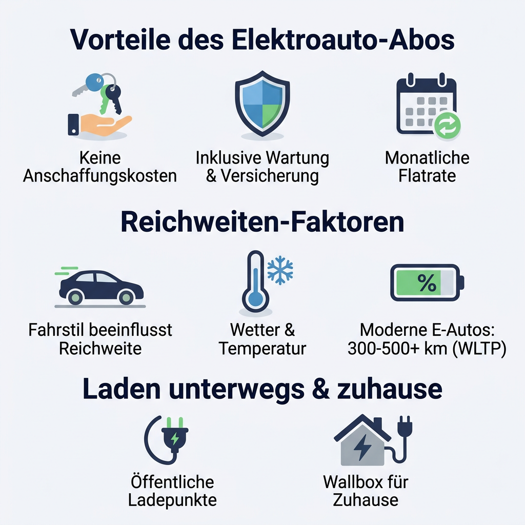 Infografik: Vorteile, Reichweitenfaktoren und Ladeoptionen eines Elektroauto-Abos für flexible Mobilität.