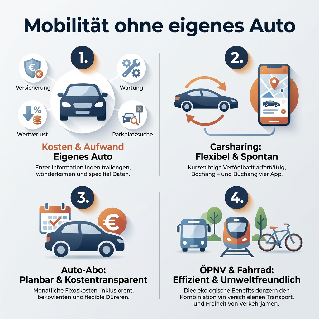 Infografik: Flexible Mobilität ohne Eigenes Auto Infografik über flexible Mobilitätslösungen ohne eigenes Auto, inklusive Carsharing, Auto-Abo, ÖPNV und Fahrrad. Darstellung von Kosten und Flexibilität.
