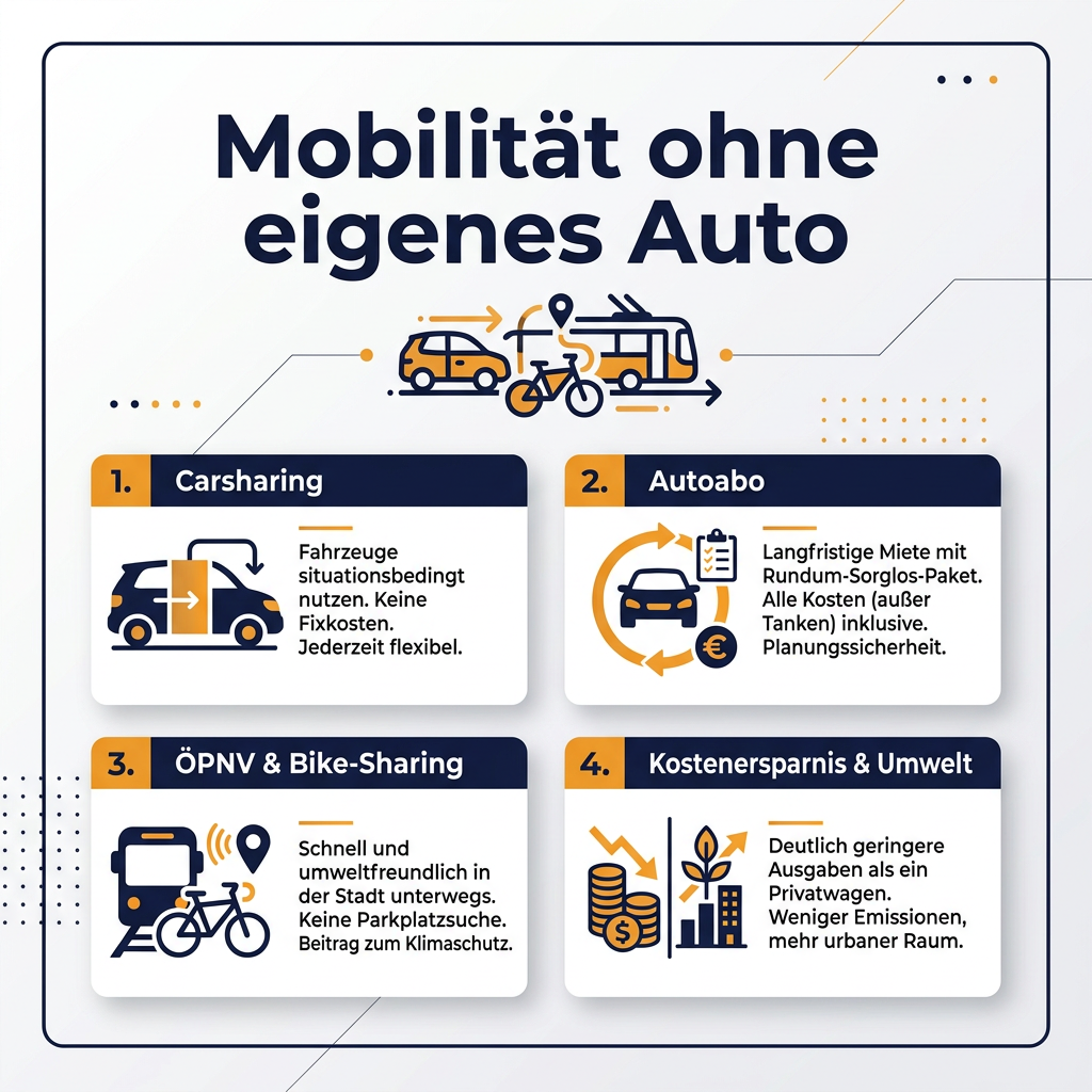 Infografik: Vorteile der Mobilität ohne eigenes Auto Infografik zu den Vorteilen und Lösungen der Mobilität ohne eigenes Auto, inklusive Carsharing, Autoabo, ÖPNV, Bike-Sharing und Kostenersparnis.