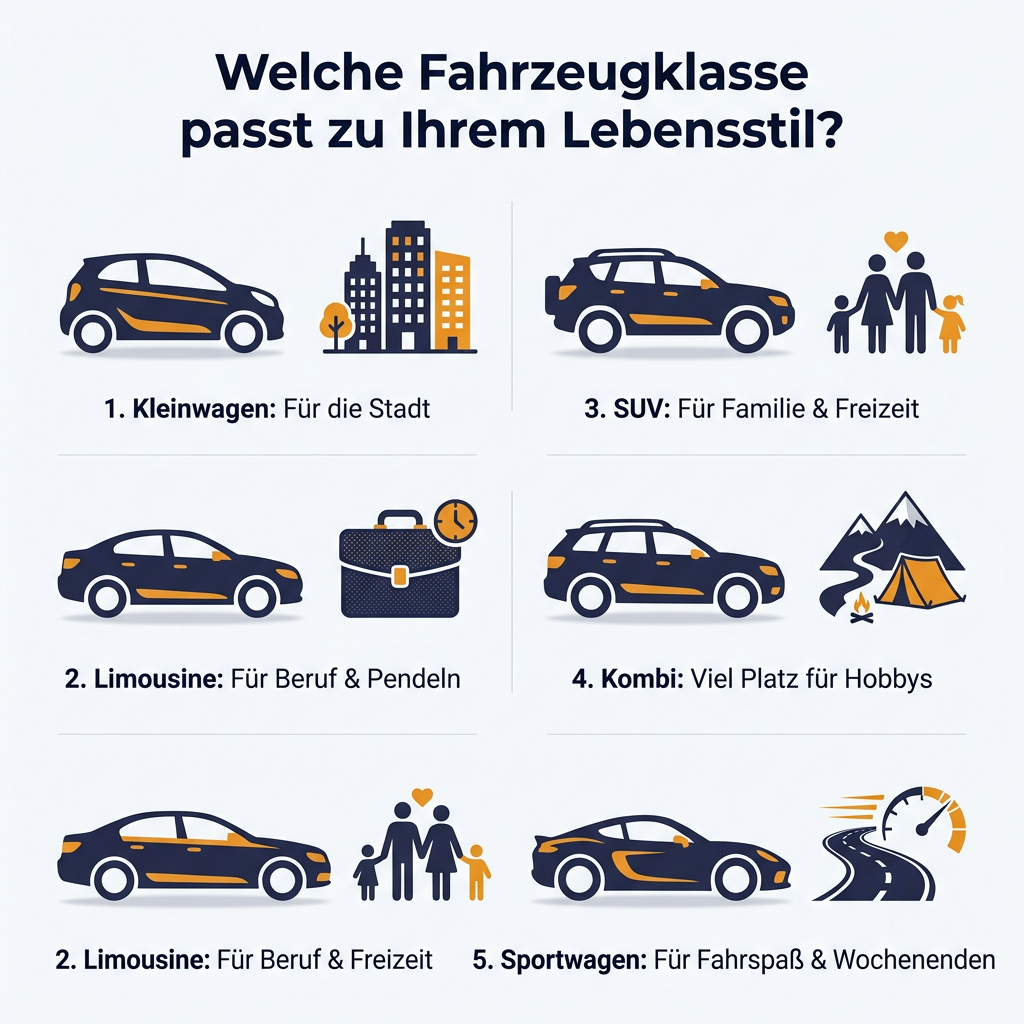 Infografik zeigt, welche Fahrzeugklasse zum Lebensstil passt: Kleinwagen für Stadt, Limousine für Beruf, SUV für Familie, Kombi für Hobbys, Sportwagen für Fahrspaß im Autoabo.