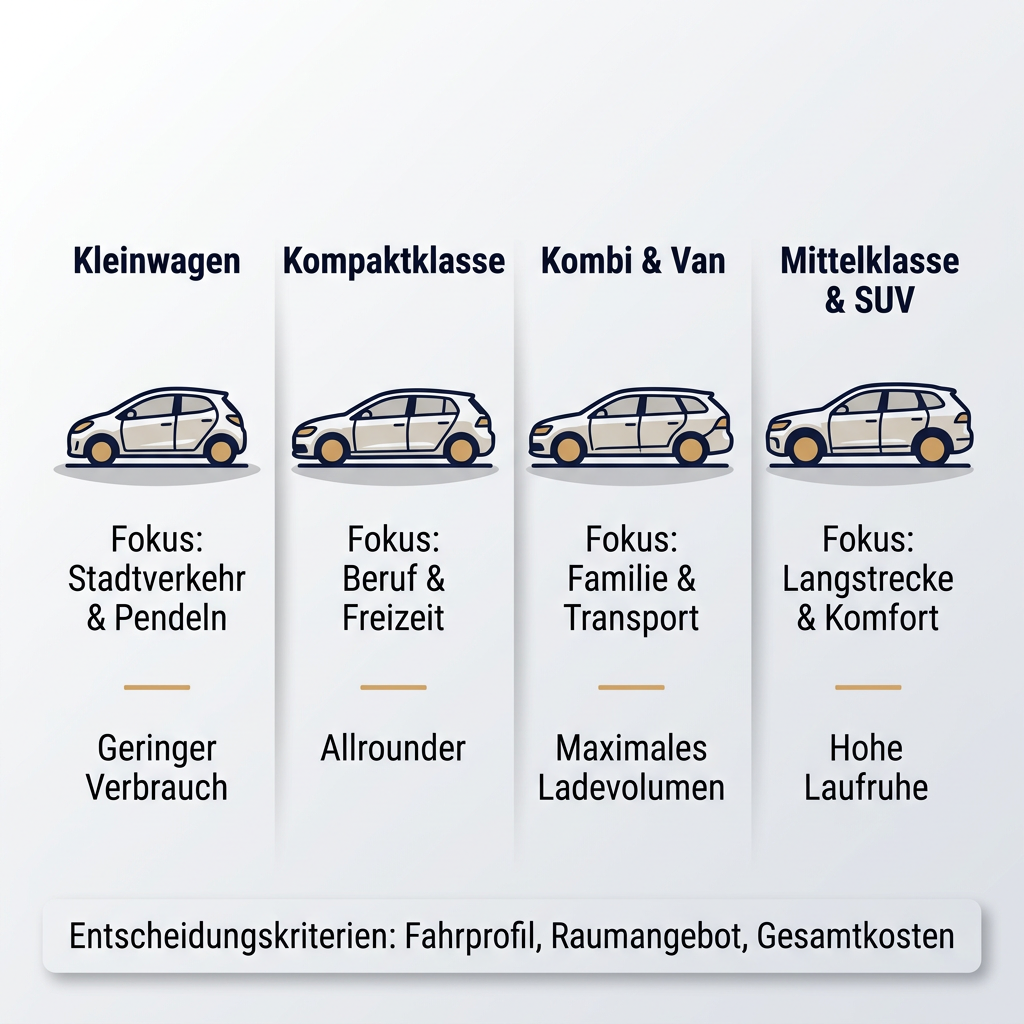 Übersicht: Welche Fahrzeugklasse passt zu welchem Lebensstil? Infografik: Fahrzeugklasse und Lebensstil im Vergleich mit Kriterien für Stadt, Familie und Langstrecke