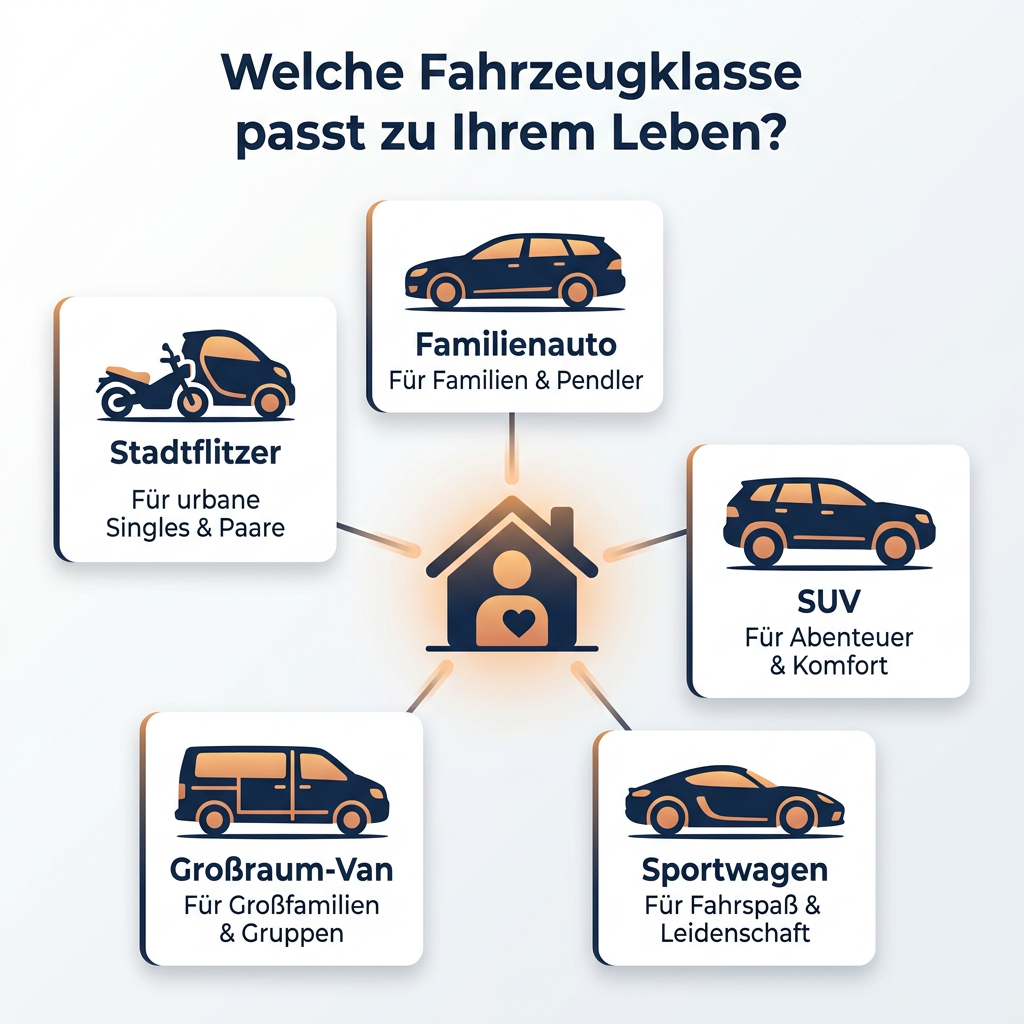 Infografik: Fahrzeugklassen-Match für Ihren Lebensstil Infografik: Welche Fahrzeugklasse passt zu welchem Lebensstil? Eine Übersicht der gängigsten Fahrzeugtypen und ihrer idealen Nutzung.
