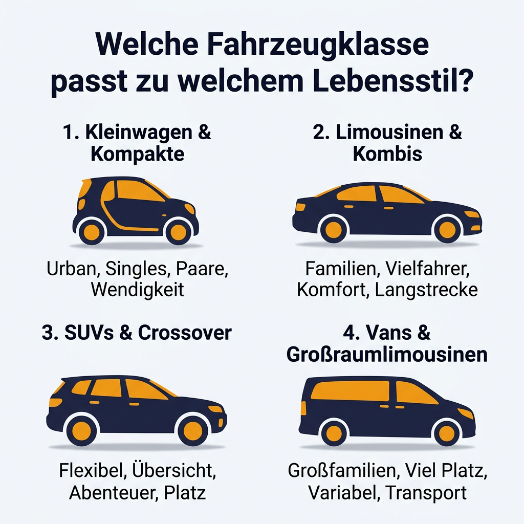 Infografik: Übersicht, welche Fahrzeugklasse zu welchem Lebensstil passt – von Kleinwagen für urbane Singles bis zu Vans für Großfamilien. Ideal für Autoabo und Carsharing Nutzer.