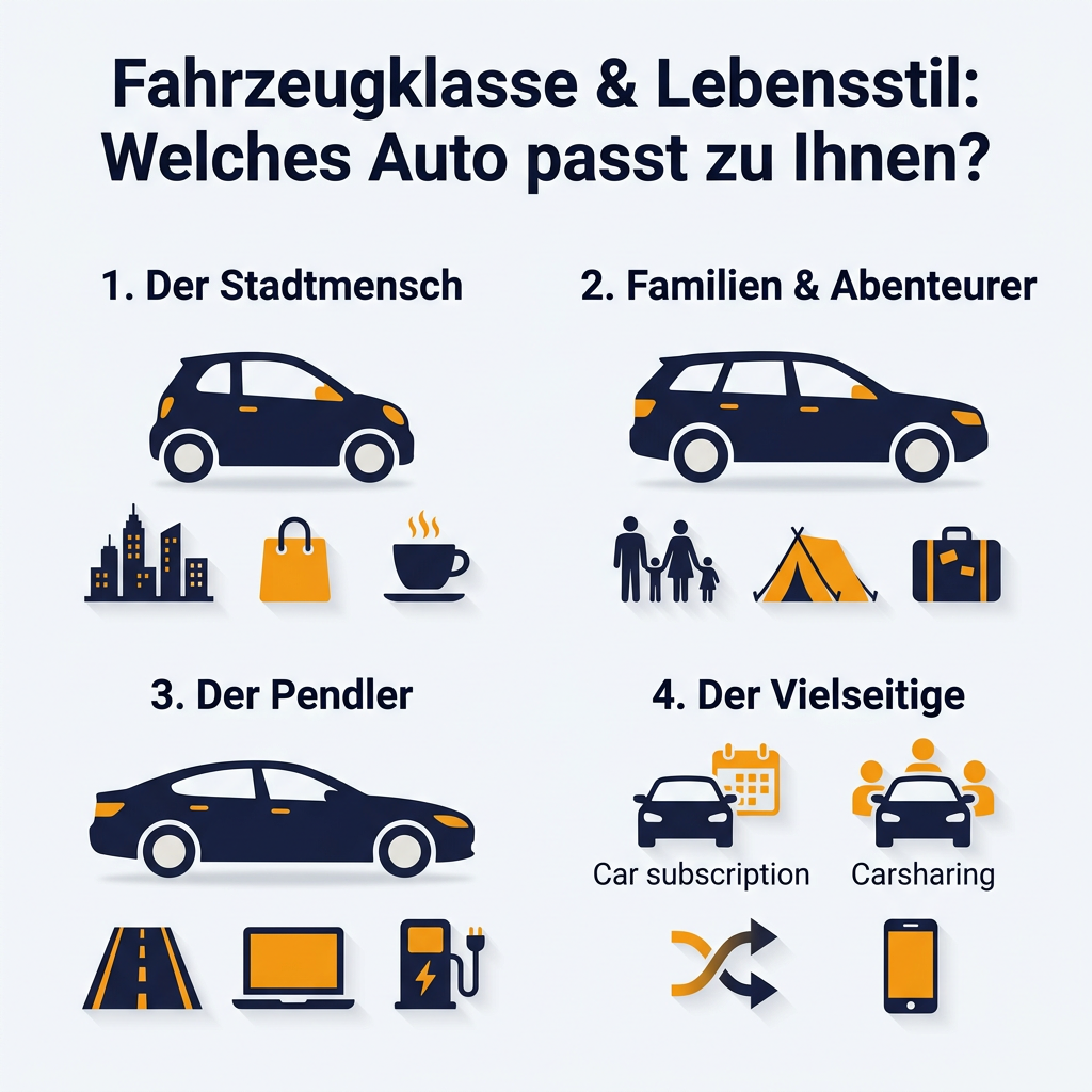 Fahrzeugklasse und Lebensstil: Welches Auto passt zu Ihnen? Infografik: Übersicht der Fahrzeugklassen und passender Lebensstile für Stadtmenschen, Familien, Pendler und flexible Nutzer von Auto-Abos und Carsharing.