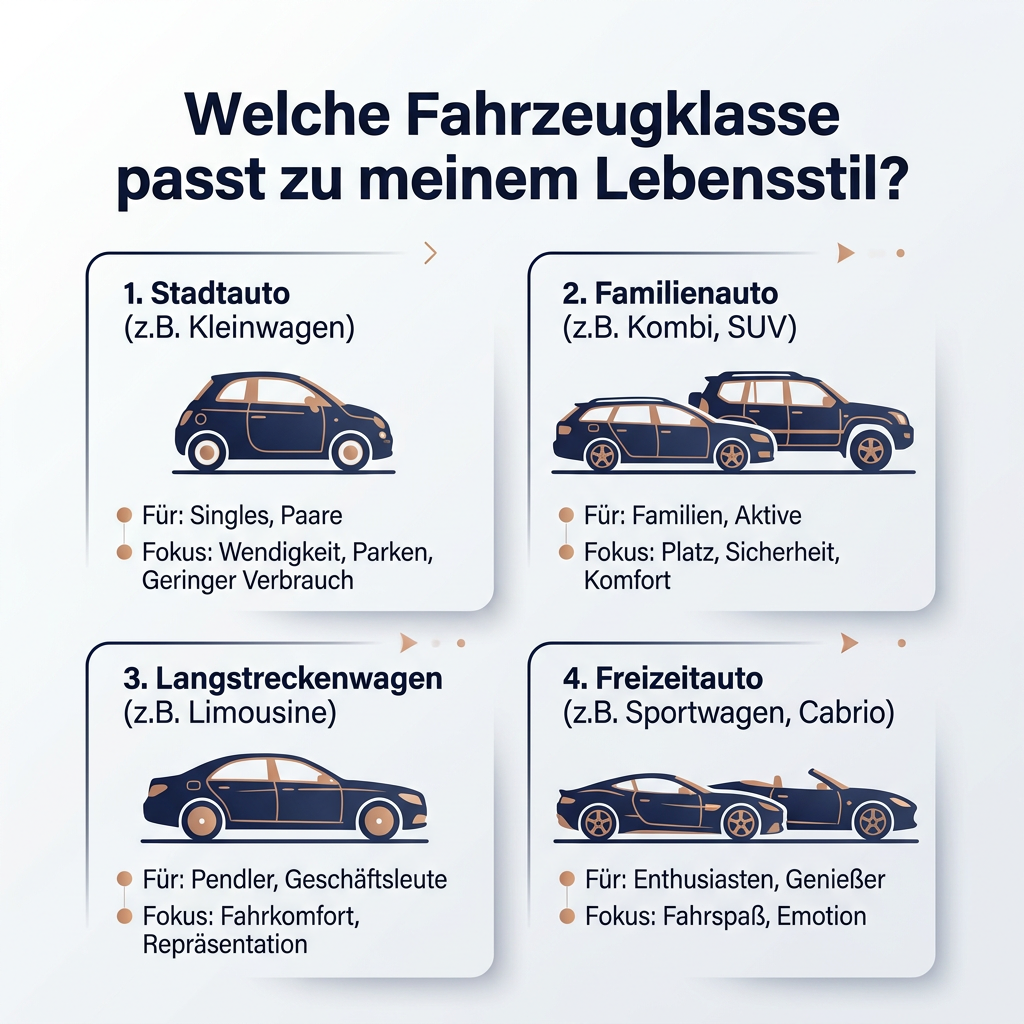 Fahrzeugklassen im Überblick: So finden Sie Ihr ideales Auto Infografik: Übersicht, welche Fahrzeugklasse optimal zum individuellen Lebensstil passt, inklusive Stadtauto, Familienauto, Langstreckenwagen und Freizeitauto.