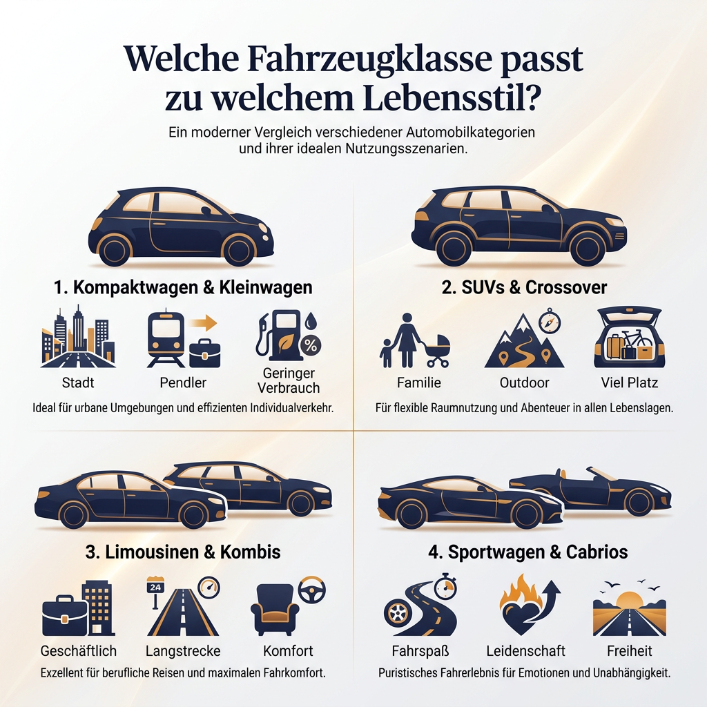 Infografik: Fahrzeugklassen und Lebensstile Infografik: Welche Fahrzeugklasse passt zum Lebensstil? Übersicht über Kompaktwagen, SUVs, Limousinen, Kombis, Sportwagen und ihre Eignung für Stadt, Familie, Pendler und Langstrecke.