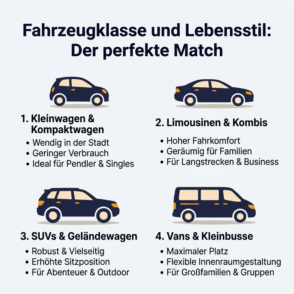 Infografik: Fahrzeugklasse und Lebensstil. Zeigt Kleinwagen für Pendler, Limousinen für Familien, SUVs für Outdoor und Vans für Gruppen – die perfekte Auto-Wahl für jede Mobilität.