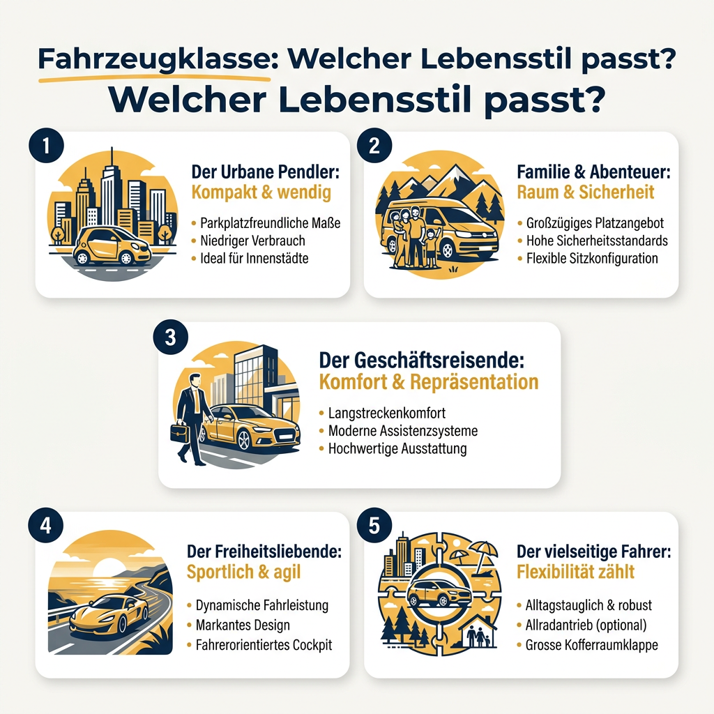 Infografik zum Thema Fahrzeugklasse und Lebensstil. Zeigt fünf Kategorien: Urbaner Pendler (Kompaktwagen), Familie & Abenteuer (Vans/SUVs), Geschäftsreisender (Limousine), Freiheitsliebender (Sportwagen) und Vielseitiger Fahrer (Crossover).