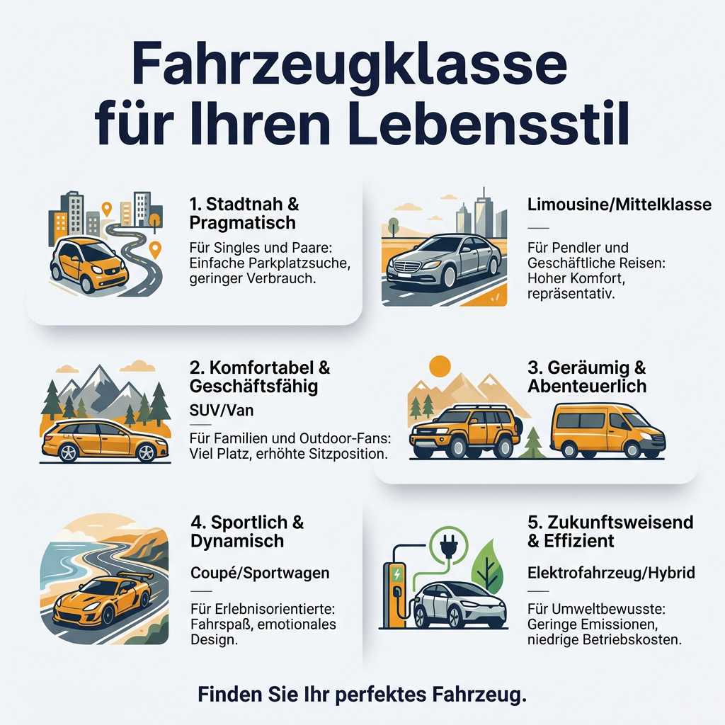 Infografik: Übersicht, welche Fahrzeugklasse zu welchem Lebensstil passt, mit Beispielen für Kleinwagen, Limousinen, SUVs, Sportwagen und Elektrofahrzeuge.