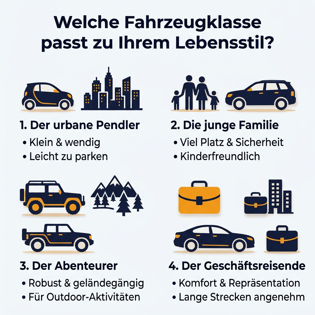Infografik: Welche Fahrzeugklasse passt zu welchem Lebensstil? Visualisiert passende Autos für Stadtpendler, Familien, Abenteurer und Geschäftsreisende.