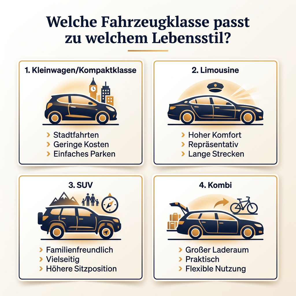 Infografik: Welche Fahrzeugklasse zu welchem Lebensstil passt, mit Icons für Kleinwagen, Limousine, SUV und Kombi und deren Vorteilen für Mobilität und Alltag.