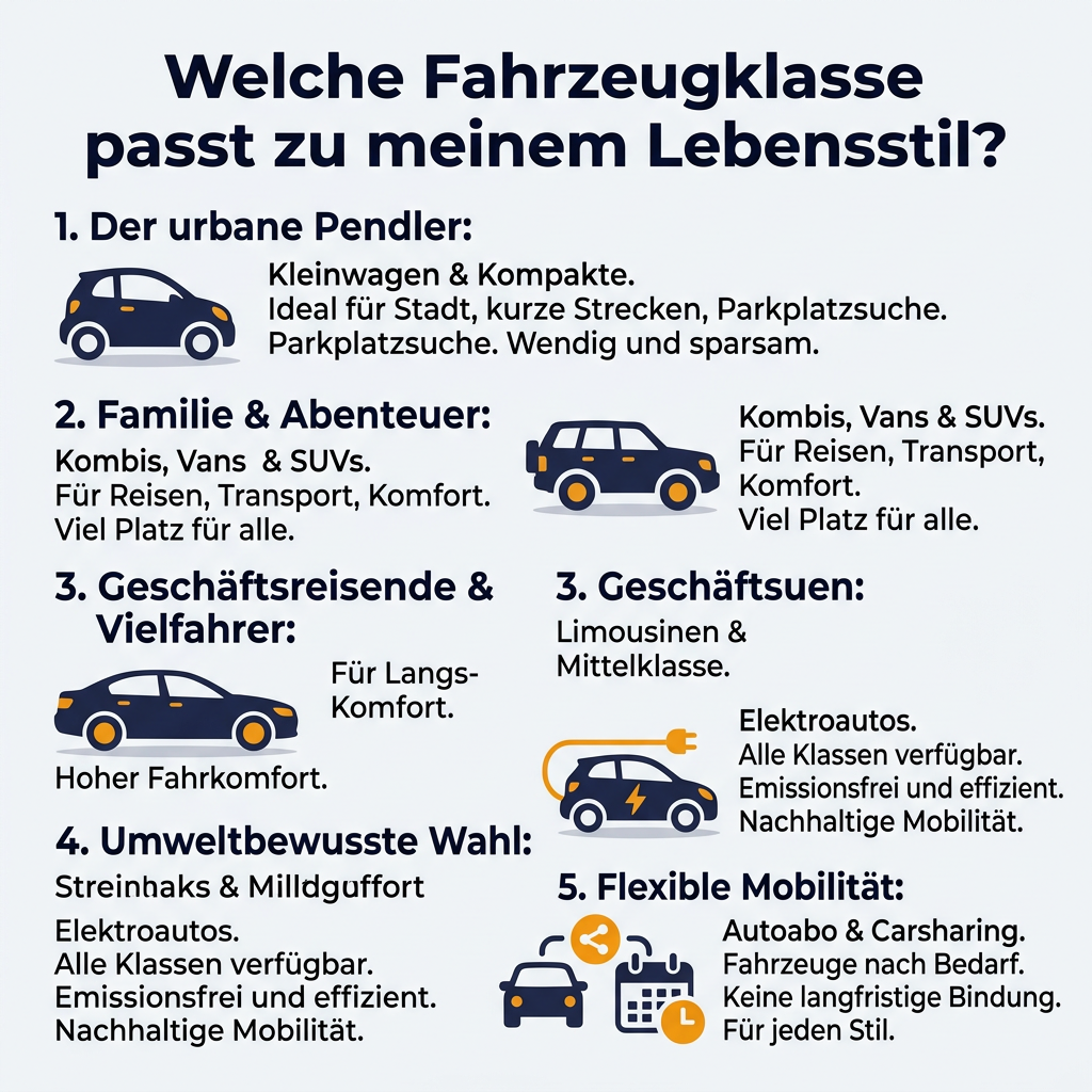 Infografik: Welche Fahrzeugklasse passt zu welchem Lebensstil? Übersicht über Kleinwagen, Kombis, SUVs und Elektroautos für urbane Pendler, Familien, Geschäftsreisende und umweltbewusste Fahrer, inklusive flexibler Mobilitätslösungen wie Autoabo und Carsharing.