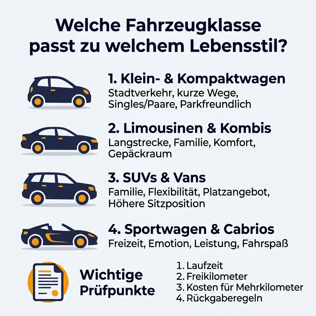 Infografik: Übersicht der Fahrzeugklassen und deren Eignung für verschiedene Lebensstile, inklusive Kleinwagen, Kompaktwagen, Limousinen, Kombis, SUVs, Vans, Sportwagen und Cabrios. Visualisiert wichtige Prüfpunkte für Autoabos.
