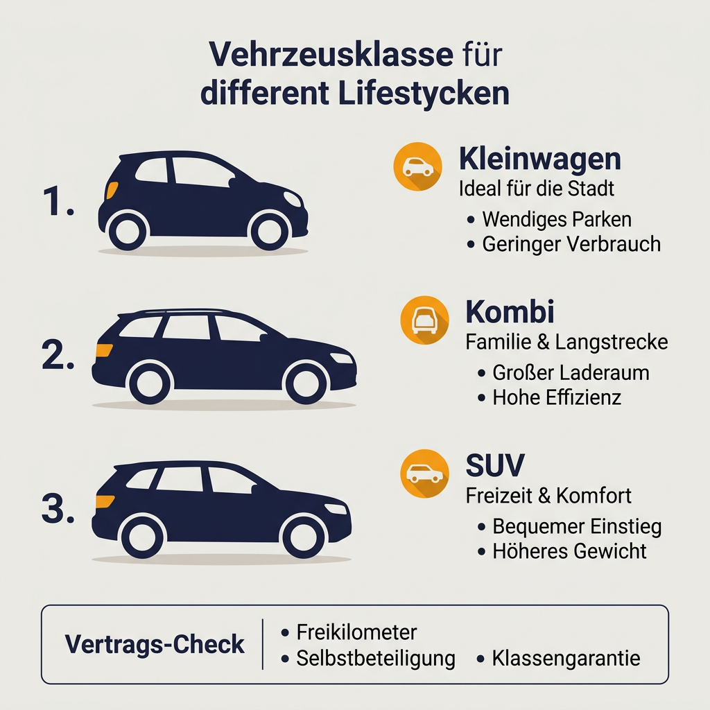 Infografik zum Vergleich von Fahrzeugklassen wie Kleinwagen, Kombi und SUV für verschiedene Lebensstile