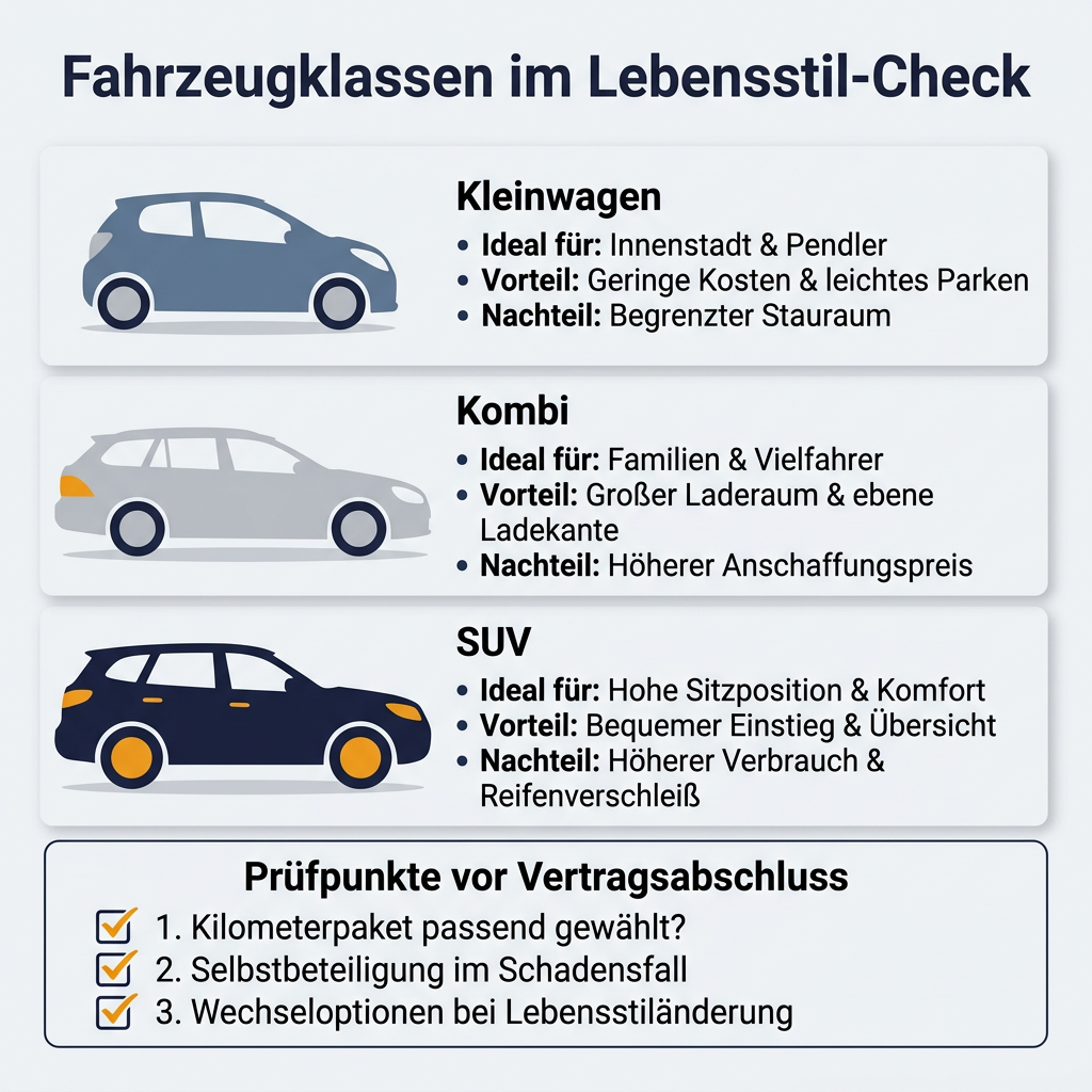 Fahrzeugklassen und Lebensstile im Vergleich Infografik zum Vergleich von Fahrzeugklassen nach Lebensstil: Kleinwagen, Kombi und SUV im Überblick.