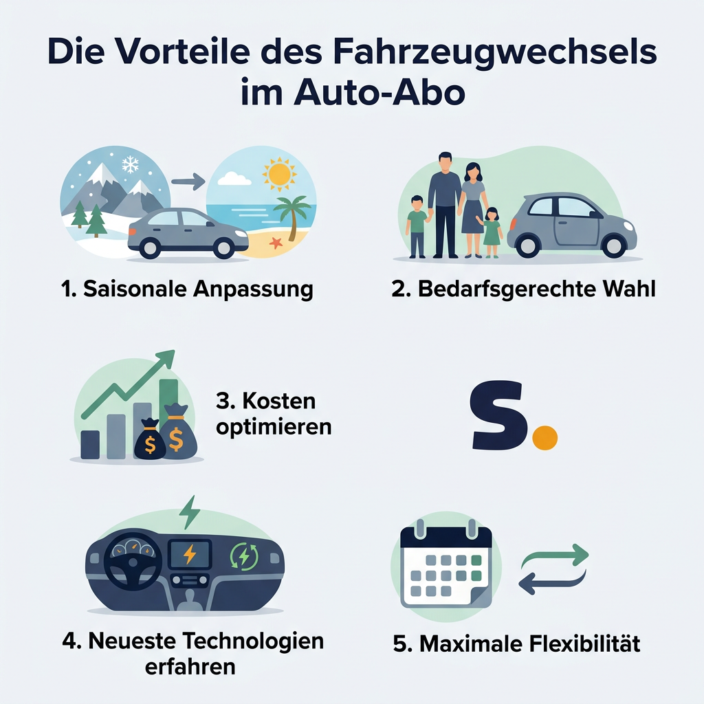 Infografik: Die Vorteile des Fahrzeugwechsels im Auto-Abo mit saisonaler Anpassung, bedarfsgerechter Wahl, Kostenoptimierung, neuesten Technologien und maximaler Flexibilität.