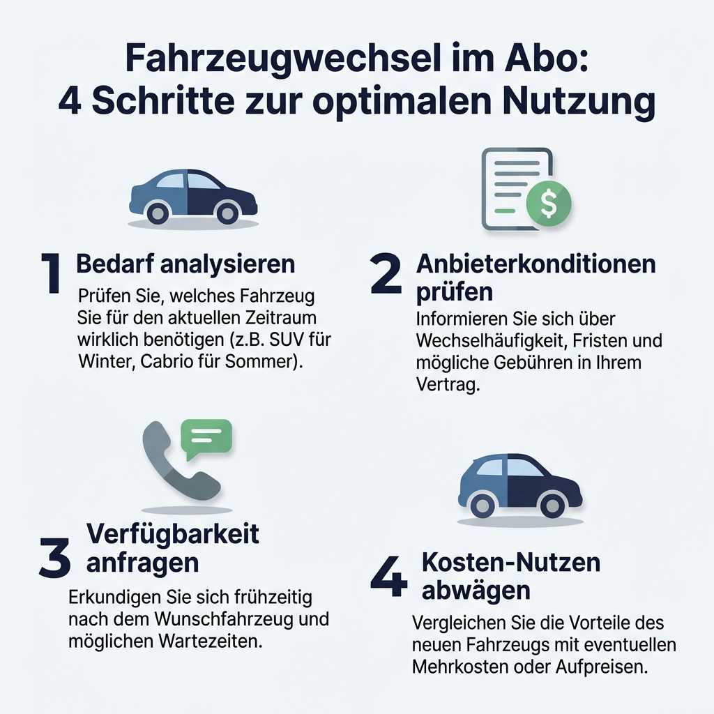 Infografik: So nutzen Abonnenten den Fahrzeugwechsel im Autoabo optimal für maximale Flexibilität und Kostenersparnis.