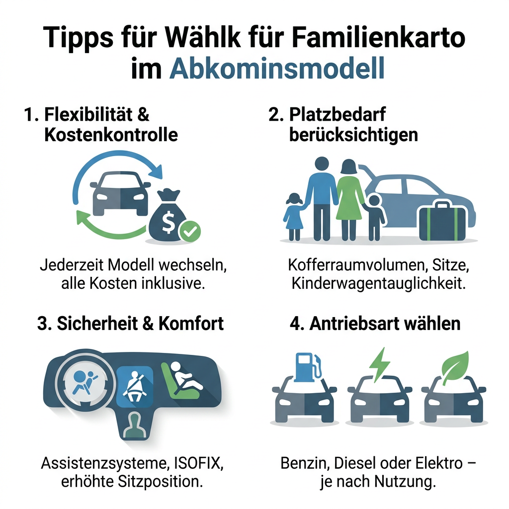 Infografik: Tipps zur Auswahl von Familienautos im Abo, mit Hinweisen zu Flexibilität, Platzbedarf, Sicherheit und Antriebsart für Familien.