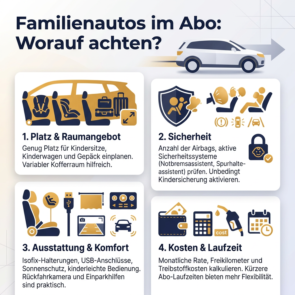 Infografik: Worauf Familien bei der Wahl eines Autos im Abo achten sollten. Tipps zu Platz, Sicherheit, Ausstattung und Kosten.