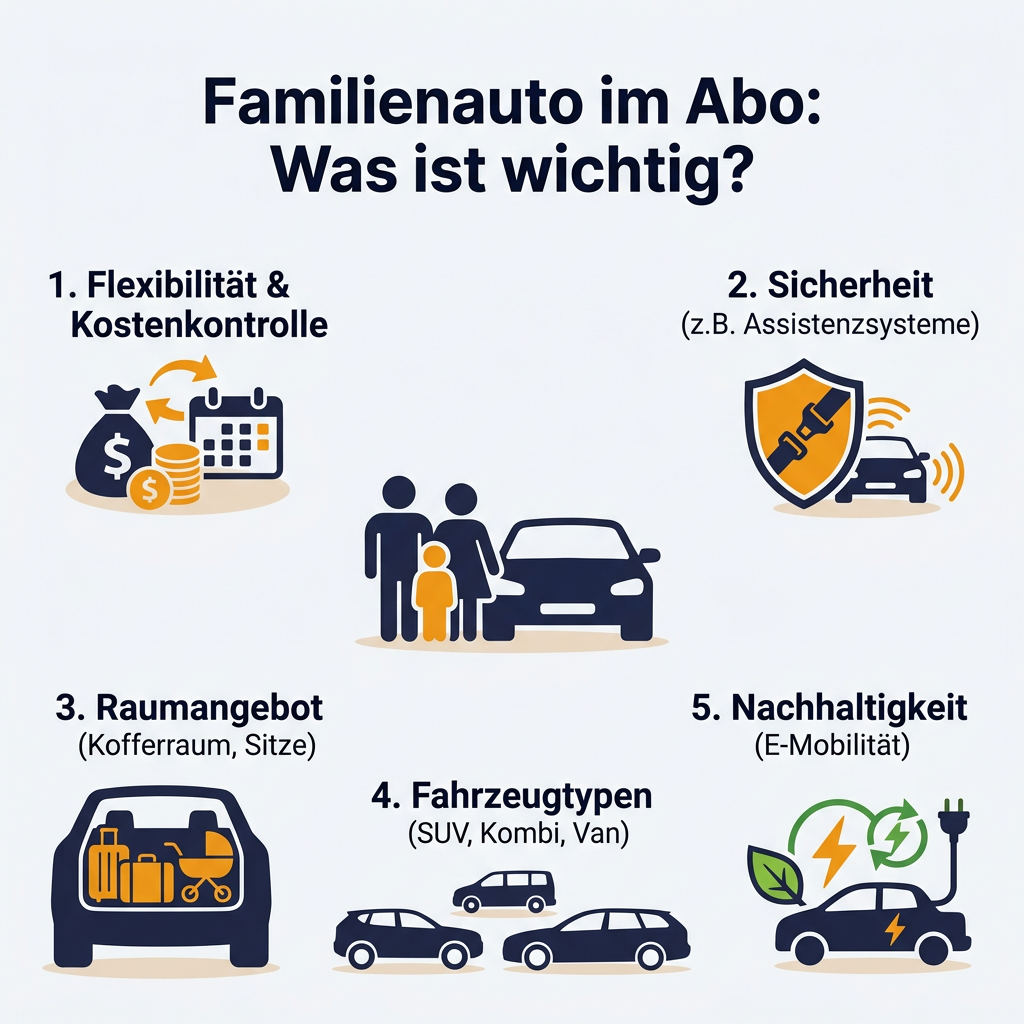 Infografik: Wichtige Kriterien für Familienautos im Autoabo, darunter Flexibilität, Sicherheit, Raumangebot, Fahrzeugtypen und E-Mobilität
