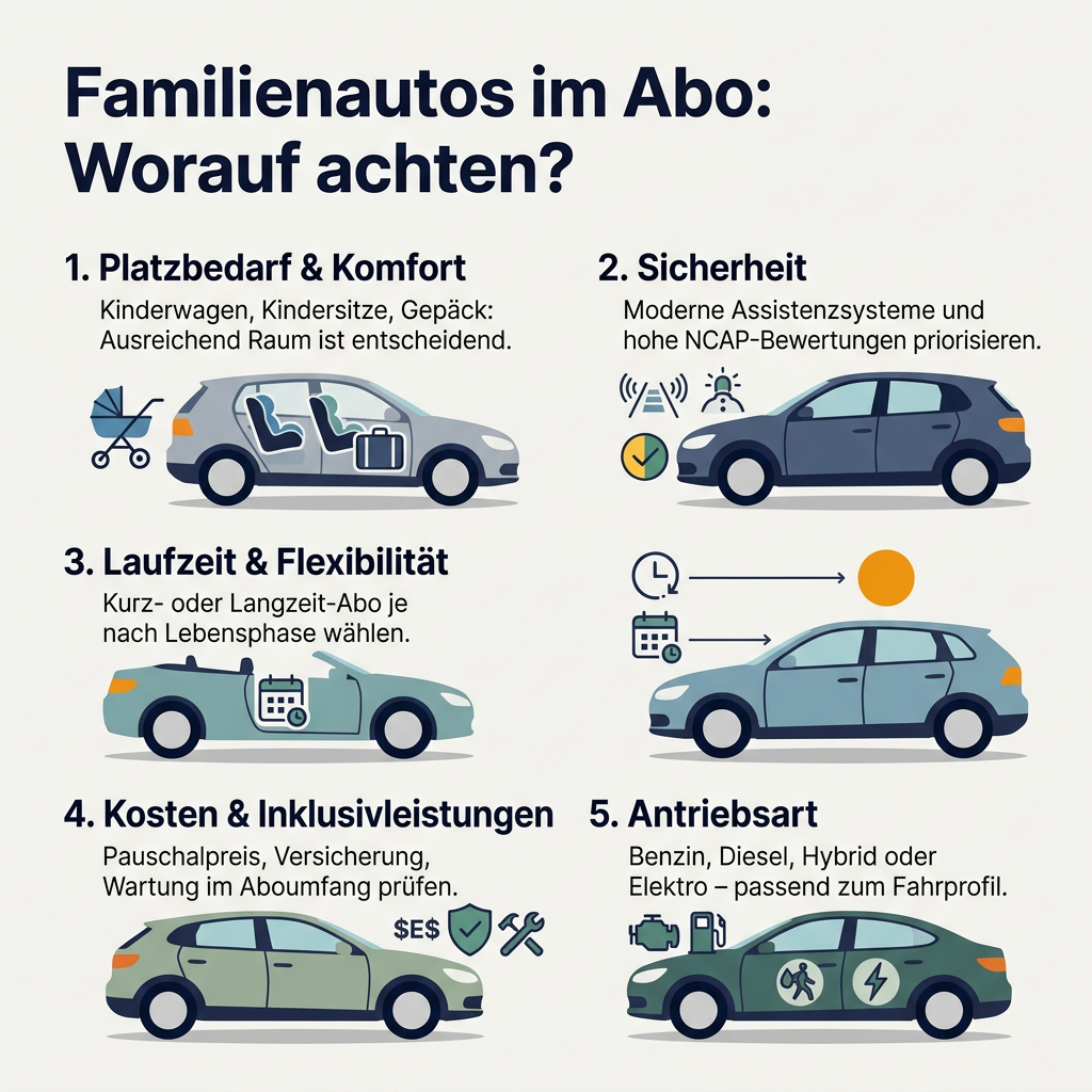 Infografik: Worauf bei Familienautos im Abo achten – Platzbedarf, Sicherheit, Kosten und Flexibilität sind wichtige Aspekte bei der Auswahl des passenden Modells.