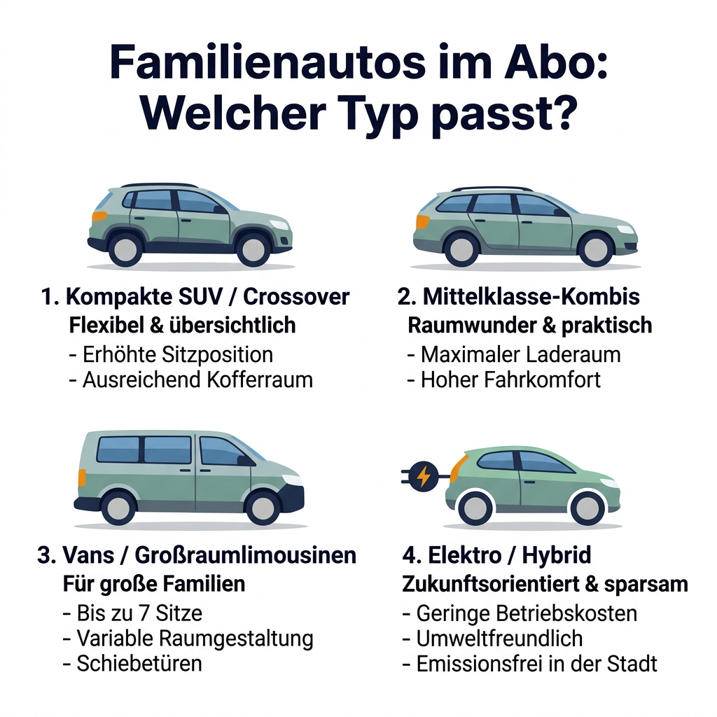 Familienautos im Abo: Die richtige Wahl für Ihre Familie Infografik: Familienautos im Abo – verschiedene Fahrzeugtypen und ihre Vorteile für Familien, wie SUV, Kombis, Vans und Elektroautos mit Stichpunkten zu Flexibilität und Platz.
