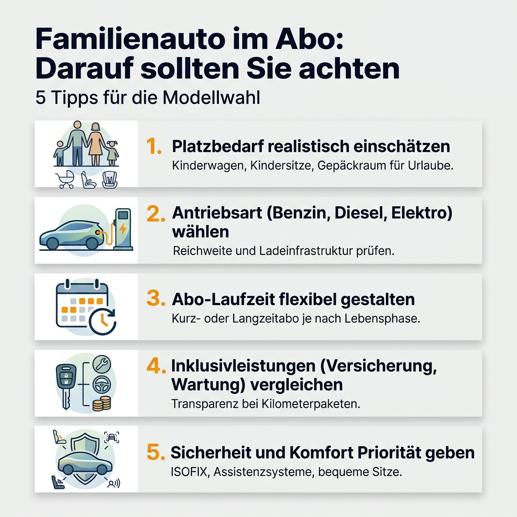 Infografik mit 5 Tipps zur Auswahl eines Familienautos im Autoabo, mit Fokus auf Platzbedarf, Antriebsart, Abo-Laufzeit, Inklusivleistungen und Sicherheit.