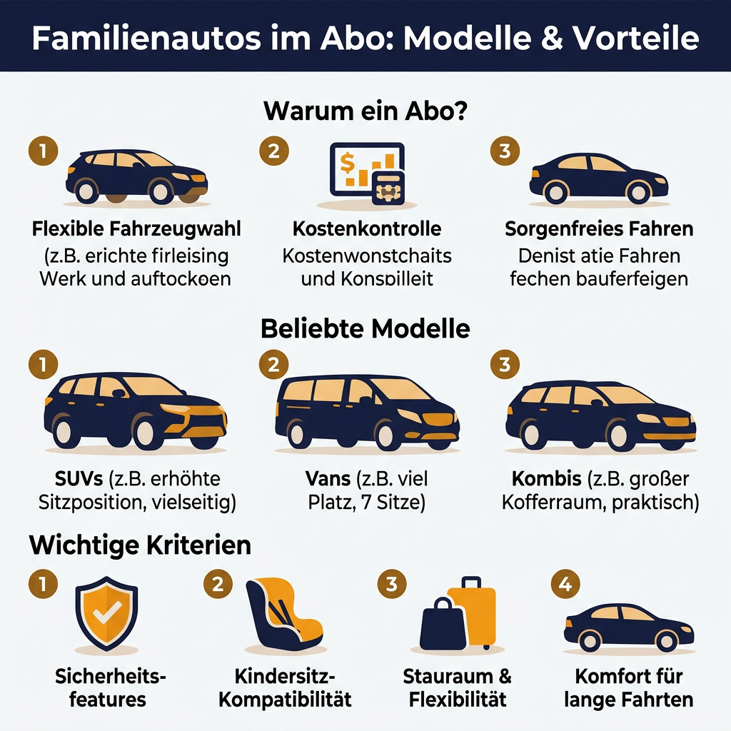 Infografik: Familienautos im Abo – Eine Übersicht über Modelle und Vorteile von Abos für Familien, mit praktischen Tipps zu SUVs, Vans und Kombis.