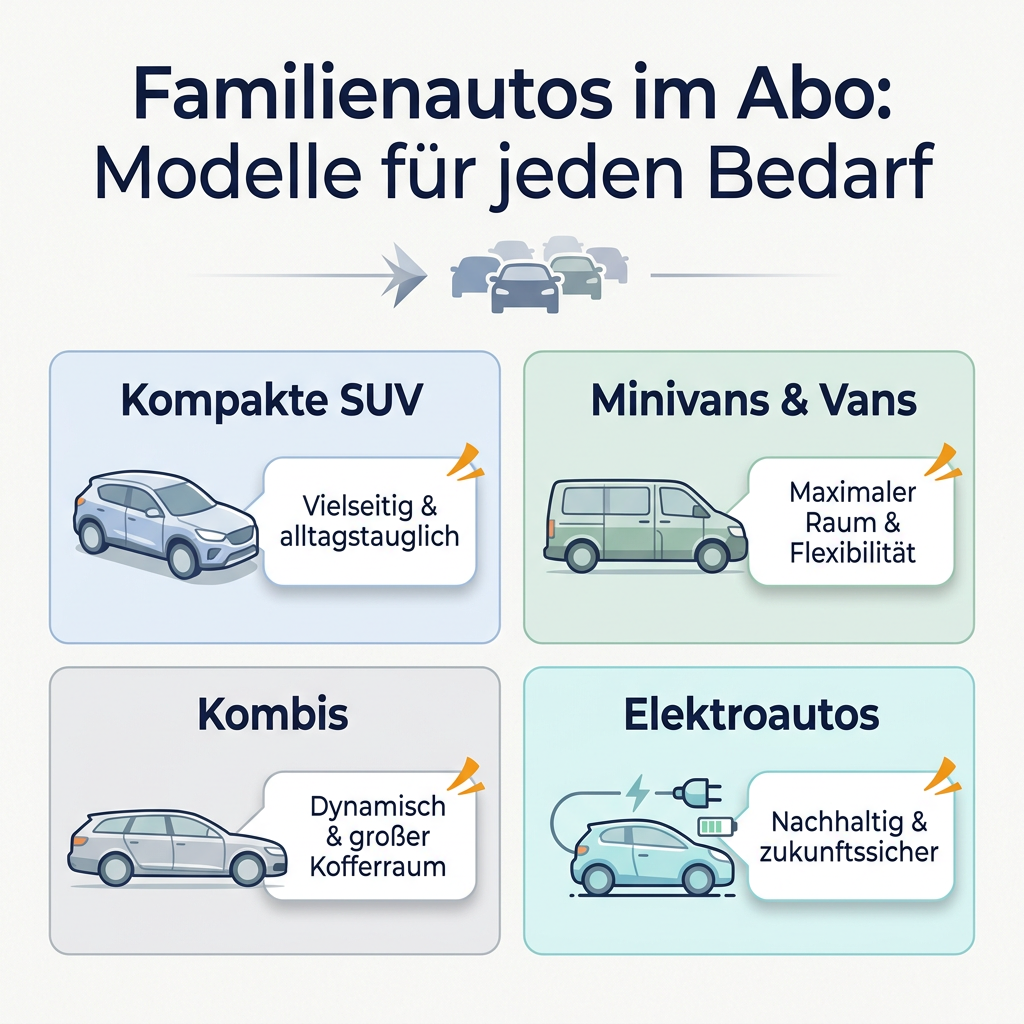 Infografik: Familienautos im Abo, mit Symbolen für SUV, Van, Kombi und Elektroauto, um verschiedene Modelle und deren Vorteile zu visualisieren.
