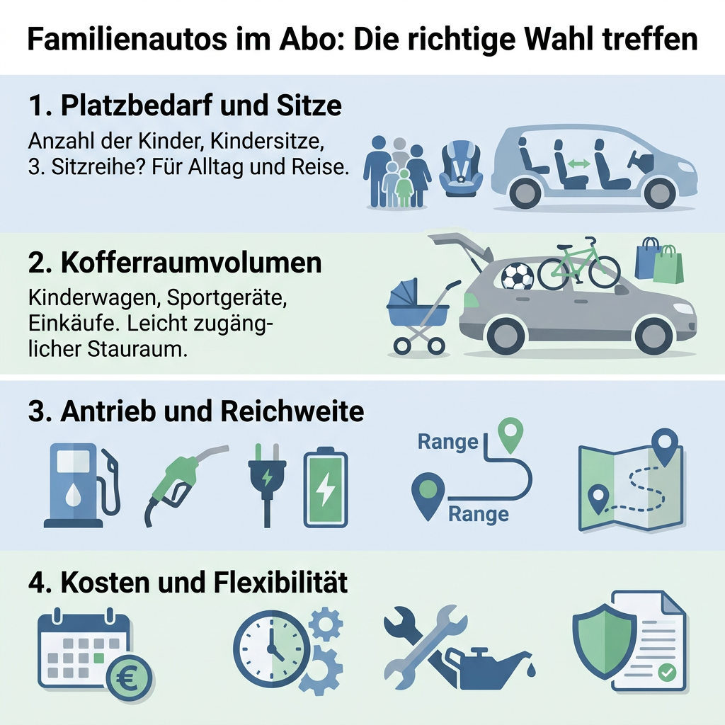 Infografik: Familienautos im Abo, die richtige Wahl treffen. Tipps zu Platzbedarf, Kofferraumvolumen, Antrieb und Kosten.