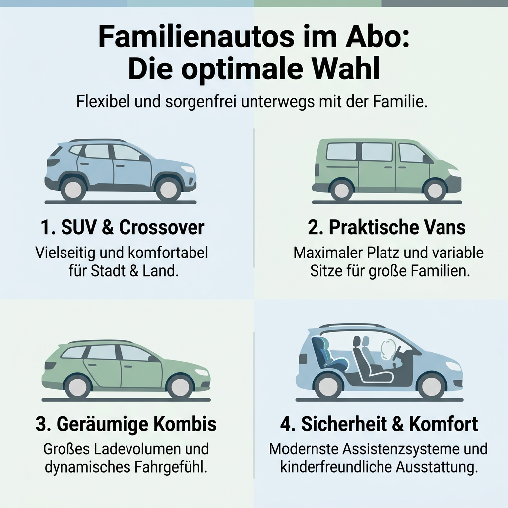 Infografik: Familienautos im Abo mit den Kategorien SUV, Van, Kombi, Sicherheit und Komfort. Ideal für Familien. Autoabo bietet Flexibilität.